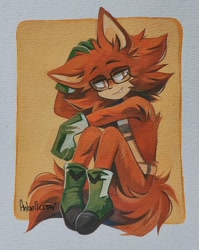 Size: 736x926 | Tagged: safe, artist:anbellcrow, gadget the wolf, border, fluffy, lidded eyes, looking at viewer, signature, sitting, smile, solo, traditional media