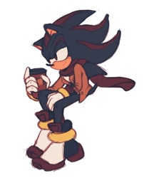 Size: 590x731 | Tagged: safe, artist:jazzmm15, shadow the hedgehog, hedgehog, 2024, clothes, frown, holding something, jacket, lidded eyes, looking offscreen, male, scarf, simple background, sitting, solo, white background