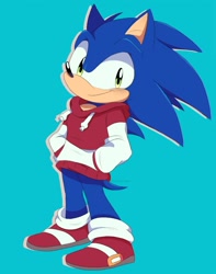 Size: 750x950 | Tagged: safe, artist:jingleding0, sonic the hedgehog, hedgehog, 2024, blue background, blushing, clothes, hands in pocket, hoodie, looking at viewer, male, simple background, smile, solo, standing, topwear