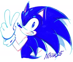 Size: 1828x1564 | Tagged: safe, artist:nisibo25, sonic the hedgehog, hedgehog, 2024, backwards v sign, looking back at viewer, male, signature, simple background, smile, solo, standing, v sign, white background
