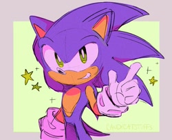 Size: 1009x820 | Tagged: safe, artist:candycatstuffs, sonic the hedgehog, hedgehog, 2024, border, clenched teeth, green background, male, pointing, signature, simple background, sketch, smile, solo, sparkles, standing, star (symbol)