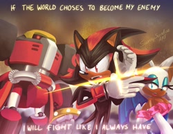 Size: 2048x1583 | Tagged: safe, artist:sunnysundaeart, e-123 omega, rouge the bat, shadow the hedgehog, sonic the hedgehog (2006), abstract background, dialogue, english text, looking offscreen, redraw, robot, shine, standing, team dark, trio