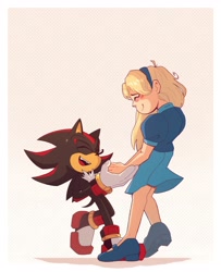 Size: 1662x2048 | Tagged: safe, artist:other_subject, maria robotnik, shadow the hedgehog, human, 2024, abstract background, border, cute, duo, eyes closed, female, holding hands, male, mariabetes, mouth open, shadowbetes, smile, standing, wholesome