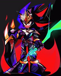 Size: 1638x2048 | Tagged: safe, artist:kuroiyuki96, shadow the hedgehog, hedgehog, 2024, armour, ear piercing, earring, fire, holding something, king shadow, looking at viewer, male, solo, standing, sword
