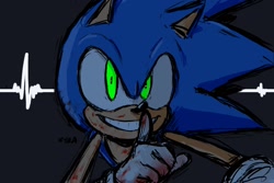 Size: 1800x1200 | Tagged: safe, artist:kyradrawss, sonic the hedgehog, hedgehog, 2024, blood, blood splatter, blood stain, glowing eyes, implied murder, looking at viewer, male, shooshing, signature, solo, yandere