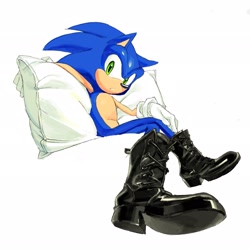 Size: 2048x2048 | Tagged: safe, artist:tokiwa757, sonic the hedgehog, hedgehog, 2024, alternate shoes, boots, looking at viewer, male, pillow, simple background, sitting, solo, white background