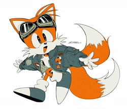 Size: 1437x1238 | Tagged: safe, artist:ombeo_o, miles "tails" prower, fox, 2024, arms out, blue shoes, classic tails, clothes, cute, goggles, goggles on head, jacket, looking at viewer, mouth open, signature, simple background, smile, solo, tailabetes, topwear, walking, white background