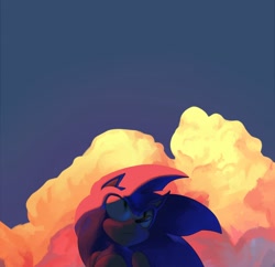 Size: 2048x1982 | Tagged: safe, artist:fang___73, sonic the hedgehog, hedgehog, 2024, abstract background, clouds, frown, lineless, looking up, male, outdoors, solo