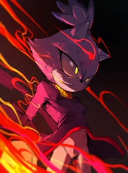 Size: 1517x2048 | Tagged: safe, artist:kosukekurokami, blaze the cat, cat, angry, female, fire, glowing eyes, gradient background, looking ahead, looking offscreen, solo, standing, this will end in injury and/or death