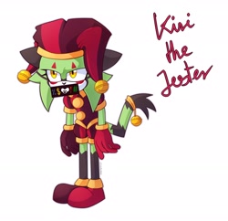 Size: 2048x1982 | Tagged: safe, artist:sugainikki, oc, oc:kiri the jester, 2024, ambiguous gender, censor bar, green fur, jester outfit, looking offscreen, outline, signature, simple background, solo, standing, white background, yellow eyes