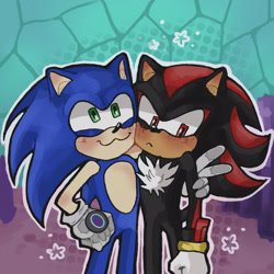 Size: 2048x2048 | Tagged: safe, artist:w1ck2drawz, shadow the hedgehog, sonic the hedgehog, sonic prime s2, :3, :<, abstract background, arm around shoulders, blushing, cute, duo, frown, gay, hand on hip, outline, redraw, shadow x sonic, shadowbetes, shipping, smile, sonabetes, standing, star (symbol), v sign