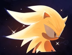 Size: 916x702 | Tagged: safe, artist:murzanic, sonic the hedgehog, super sonic, frown, looking ahead, looking offscreen, signature, solo, sparkles, star (sky), super form