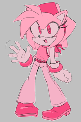 Size: 958x1440 | Tagged: safe, artist:candycatstuffs, amy rose, alternate outfit, belt, clenched fist, clothes, grey background, headscarf, heels, looking at viewer, monochrome, mouth open, outline, pants, pink, simple background, smile, solo, tank top, waving