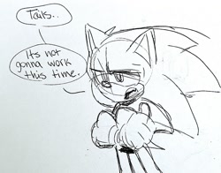 Size: 1278x1004 | Tagged: safe, artist:seldompathic, sonic the hedgehog, arms folded, dialogue, english text, implied tails, lidded eyes, looking ahead, looking offscreen, mouth open, offscreen character, sketch, solo, speech bubble, talking, traditional media
