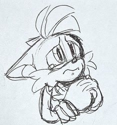 Size: 797x851 | Tagged: safe, artist:seldompathic, miles "tails" prower, begging, crying, floppy ears, frown, hands together, line art, looking offscreen, looking up, simple background, sketch, solo, tears, traditional media