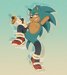 Size: 1587x1759 | Tagged: safe, artist:autisticsonic, sonic the hedgehog, gradient background, hand behind head, lidded eyes, looking at viewer, outline, redesign, ring, signature, smile, solo, stockings, top surgery scars, trans male, transgender
