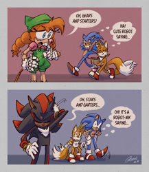 Size: 1500x1725 | Tagged: safe, artist:sharpedgedfool, belle the tinkerer, miles "tails" prower, shadow the hedgehog, sonic the hedgehog, bag, border, dialogue, english text, group, headcanon, holding something, signature, speech bubble, standing, tapping foot, thought bubble, walking