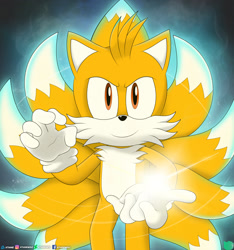 Size: 2048x2189 | Tagged: safe, artist:xtianzarts, miles "tails" prower, super tails, 2024, alternate super form, frown, glowing, kitsune, looking at viewer, nine tails, signature, solo, super form