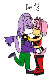 Size: 2000x2764 | Tagged: safe, artist:horroraceman93, amy rose, blaze the cat, cat, hedgehog, 2020, amy x blaze, crossover, cute, eyes closed, female, females only, harley quinn (dc comics), kiss, lesbian, shipping