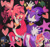 Size: 1209x1143 | Tagged: safe, artist:metalsonicplush, amy rose, blaze the cat, sonic the hedgehog, cat, hedgehog, 2024, amy x blaze, amy's halterneck dress, blaze's tailcoat, blushing, clothes, cute, dress, eyes closed, female, hearts, lesbian, male, mouth open, shipping, star (symbol)