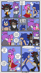 Size: 1152x2048 | Tagged: safe, artist:furrfussy, amy rose, blaze the cat, shadow the hedgehog, sonic the hedgehog, ..., 2024, amy x blaze, arms folded, blue background, blushing, comic, dialogue, english text, frown, gay, group, heart, holding something, lesbian, panels, shadow x sonic, shipping, simple background, smile, socially awkward, speech bubble, standing, walking