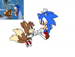 Size: 1600x1200 | Tagged: safe, artist:0vergrowngraveyard, miles "tails" prower, sonic the hedgehog, adventures of sonic the hedgehog, alternate shoes, cute, duo, flat colors, holding hands, looking at each other, redraw, reference inset, simple background, smile, white background