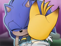 Size: 2048x1549 | Tagged: safe, artist:chelsiegeorgia, miles "tails" prower, nine, sonic the hedgehog, sonic prime, abstract background, alternate view, duo, eyes closed, hugging, smile, sonic prime s3