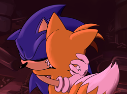 Size: 2048x1525 | Tagged: safe, artist:suzienightsky, miles "tails" prower, sonic the hedgehog, abstract background, duo, eyes closed, hugging, standing
