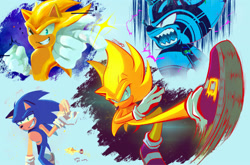 Size: 2048x1355 | Tagged: safe, artist:jiiyawns, sonic the hedgehog, super sonic 2, sonic frontiers, blue background, cyber form, cyber sonic, sharp teeth, simple background, smile, solo, sparkle, super form