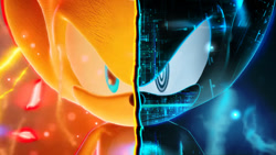 Size: 996x563 | Tagged: safe, editor:sonicwind-01, sonic the hedgehog, super sonic 2, sonic frontiers, 3d, cyber form, cyber sonic, edit, frown, looking at viewer, solo, super form, two sides