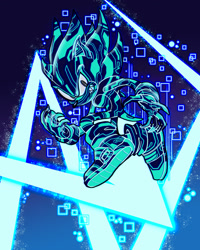 Size: 1080x1350 | Tagged: safe, artist:sonicheroes, sonic the hedgehog, sonic frontiers, abstract background, cyber form, cyber sonic, flying, looking at viewer, smile, solo, sonic frontiers: final horizon