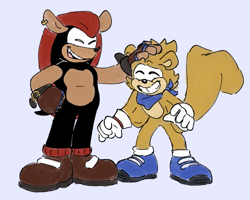Size: 997x796 | Tagged: safe, artist:tezzbot, mighty the armadillo, ray the flying squirrel, bandana, brown gloves, cute, duo, ear piercing, earring, eyes closed, head pat, simple background, smile, standing
