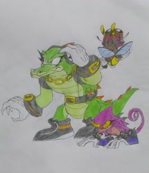 Size: 1836x2138 | Tagged: safe, artist:transgender-battlekukku, charmy bee, espio the chameleon, vector the crocodile, eyelashes, frown, grey sclera, looking offscreen, team chaotix, traditional media, yellow sclera