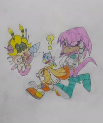 Size: 1836x2197 | Tagged: safe, artist:transgender-battlekukku, cheese (chao), cream the rabbit, julie-su, saffron bee, chao, eyelashes, flapping wings, flying, group, holding something, neutral chao, question mark, smile, traditional media, walking