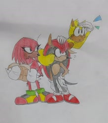 Size: 1836x2097 | Tagged: safe, artist:transgender-battlekukku, knuckles the echidna, mighty the armadillo, ray the flying squirrel, exclamation mark, eyelashes, holding something, looking at them, looking offscreen, map, question mark, standing, trio
