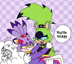 Size: 1683x1461 | Tagged: safe, artist:autisminfinite, blaze the cat, surge the tenrec, blue sclera, blushing, carrying them, checkered background, cross popping vein, dialogue, duo, english text, frown, lesbian, lidded eyes, looking at them, one fang, outline, shipping, signature, smile, speech bubble, surgaze, thought bubble, yellow sclera