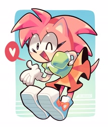 Size: 1757x2048 | Tagged: safe, artist:spaicy_project, amy rose, abstract background, amybetes, blushing, border, classic amy, cute, hands behind back, heart, heart tongue, looking at viewer, mouth open, solo, wink