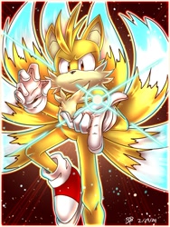 Size: 1536x2048 | Tagged: safe, artist:b1uewhirlwind, miles "tails" prower, super tails, 2024, abstract background, alternate super form, flying, frown, kitsune, looking at viewer, outline, signature, solo, super form