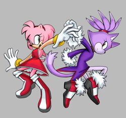 Size: 1810x1692 | Tagged: safe, artist:ddeeric, amy rose, blaze the cat, cat, hedgehog, sonic adventure 2, 2023, amy x blaze, amy's halterneck dress, blaze's tailcoat, female, females only, lesbian, looking at each other, shipping