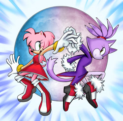 Size: 1846x1808 | Tagged: safe, artist:ddeeric, amy rose, blaze the cat, cat, hedgehog, sonic adventure 2, 2023, alternate version, amy x blaze, amy's halterneck dress, blaze's tailcoat, female, females only, lesbian, looking at each other, shipping