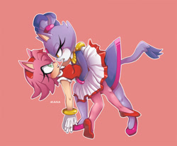Size: 1280x1060 | Tagged: safe, artist:askamaze, amy rose, blaze the cat, cat, hedgehog, 2018, amy x blaze, ballerina, cute, female, females only, holding them, lesbian, looking at each other, mouth open, shipping
