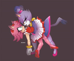 Size: 1280x1060 | Tagged: safe, artist:askamaze, amy rose, blaze the cat, cat, hedgehog, 2018, alternate version, amy x blaze, ballerina, cute, female, females only, holding them, lesbian, looking at each other, mouth open, shipping