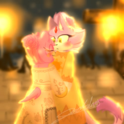 Size: 1000x1000 | Tagged: safe, artist:inefficientstory, amy rose, blaze the cat, cat, hedgehog, 2024, alternate universe, amy x blaze, blushing, cute, eyes closed, female, females only, holding arm, lesbian, shipping