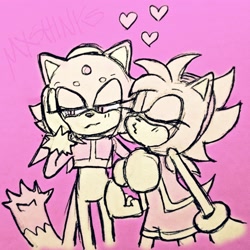 Size: 2048x2048 | Tagged: safe, artist:mxshinks, amy rose, blaze the cat, cat, hedgehog, 2022, amy x blaze, cute, eyes closed, female, females only, hand on head, hearts, lesbian, shipping