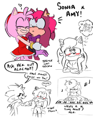 Size: 1562x2048 | Tagged: safe, artist:trenchcoat-gecko, amy rose, sonia the hedgehog, sonic the hedgehog, :|, blushing, english text, heart, hugging, lesbian, musical notes, piano, shipping, simple background, smile, sonia x amy, standing, surprised, thinking, thought bubble, top surgery scars, trans male, transgender, trio, white background