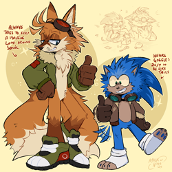 Size: 1400x1400 | Tagged: safe, artist:maskofnova, miles "tails" prower, sonic the hedgehog, abstract background, age swap, alternate shoes, alternate universe, brown gloves, clothes, duo, english text, goggles, goggles around neck, goggles on head, jacket, pawpads, paws, smile, standing, thumbs up, toeless socks, wagging tail