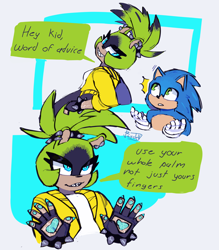 Size: 1792x2048 | Tagged: safe, artist:rosdevw2, sonic the hedgehog, surge the tenrec, abstract background, dialogue, duo, english text, fingerless gloves, looking at each other, movie style, pawpads, signature, speech bubble