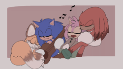 Size: 1280x720 | Tagged: safe, artist:nixoon-again, amy rose, knuckles the echidna, miles "tails" prower, sonic the hedgehog, abstract background, alternate outfit, clothes, cute, eyes closed, group, guitar, musical notes, relaxing, smile