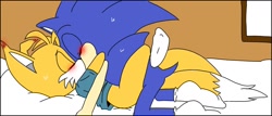Size: 1280x549 | Tagged: suggestive, artist:noexistente_1, miles "tails" prower, nine, sonic the hedgehog, sonic prime, 2024, bed, blushing, blushing ears, duo, eyes closed, flat colors, gay, indoors, kiss, lying down, nine x sonic, shipping, shirt, shoes off, sonic x tails, sweatdrop