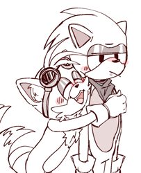 Size: 576x709 | Tagged: safe, artist:elliot7779, miles "tails" prower, sonic the hedgehog, 2024, :/, blushing, duo, eyes closed, frown, gay, hugging, lidded eyes, monochrome, shipping, simple background, smile, sonic boom (tv), sonic x tails, standing, white background
